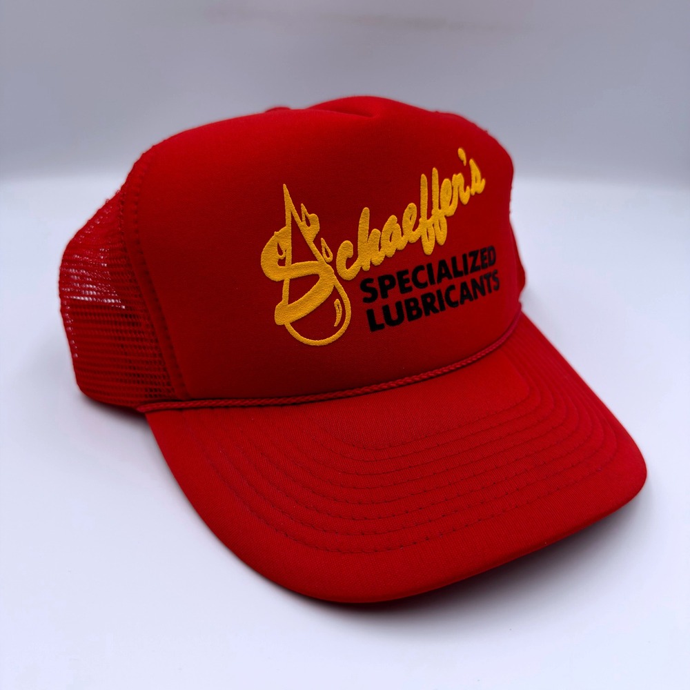 Vintage Nissun Schaeffer's Specialized Lubricants Trucker Hat Red Snapback 80's